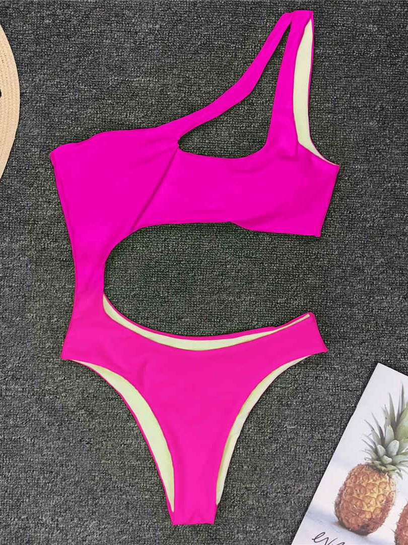 Neon Green Pink Sexy One Shoulder One Piece Swimsuit Women Swimwear Female Bather Bathing Suit Swim Monokini Lady V845G