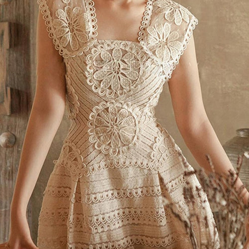 Load image into Gallery viewer, Elegant Embroidery Dress For Women Square Collar Short Sleeve High Waist Midi Dresses Female Spring Fashion Clothes
