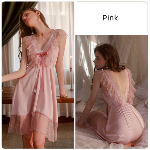 Load image into Gallery viewer, Women&#39;s Pajamas Sling Dress Sexy Lace Edge Princess Nightgown Deep V Neck Bow Backless Homedress Tempt Sleepdress Femme
