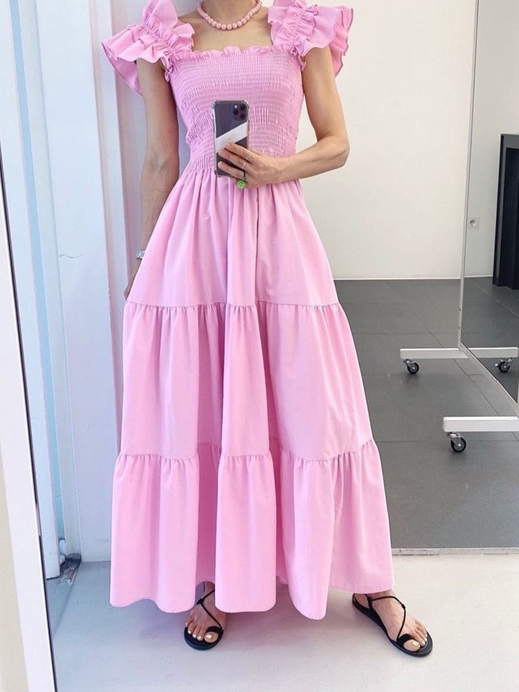 Ruffles Dresses For Women Square Collar Butterfly Sleeve High Waist Elegant Summer Minimalist Dress Female Fashion