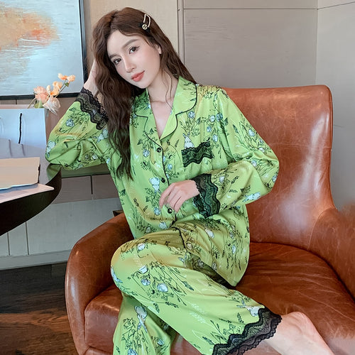 Load image into Gallery viewer, High Quality Women&#39;s Pajamas Set Floral Print Lace Sleepwear Silk Like Fashion Homewear Nightwear Femme Petite
