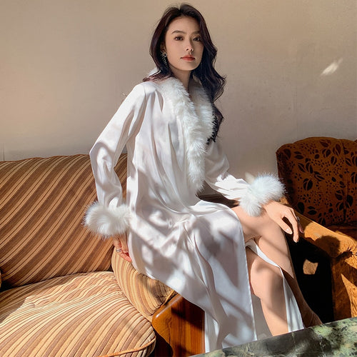 Load image into Gallery viewer, Sleeping Dress Feather Splice Satin Nightgown Silk Like Pajamas Women&#39;s Bride Morning Robe Bathrobe Thin Home Suit
