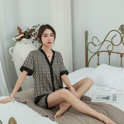 Load image into Gallery viewer, Summer Women&#39;s Pajamas Set Luxury Curves Print V Neck Sleepwear Short Casual Faux Silk Homewear 2pcs Nightie Femme
