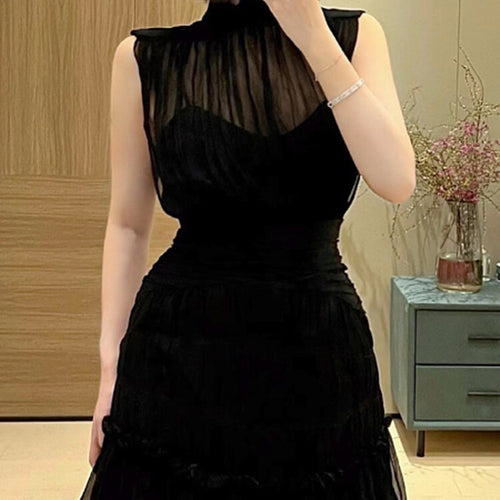 Load image into Gallery viewer, Patchwork Layered Ruffle Hem Dress For Women Turtleneck Sleeveless High Waist Solid Mini Dresses Female Summer
