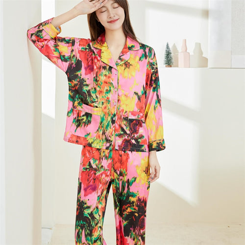 Load image into Gallery viewer, Women&#39;s Spring Autumn Silk Like Pajamas Polo Collar Long Sleeve Pants Two Piece Set Colorful Printed Fashion Home Suit
