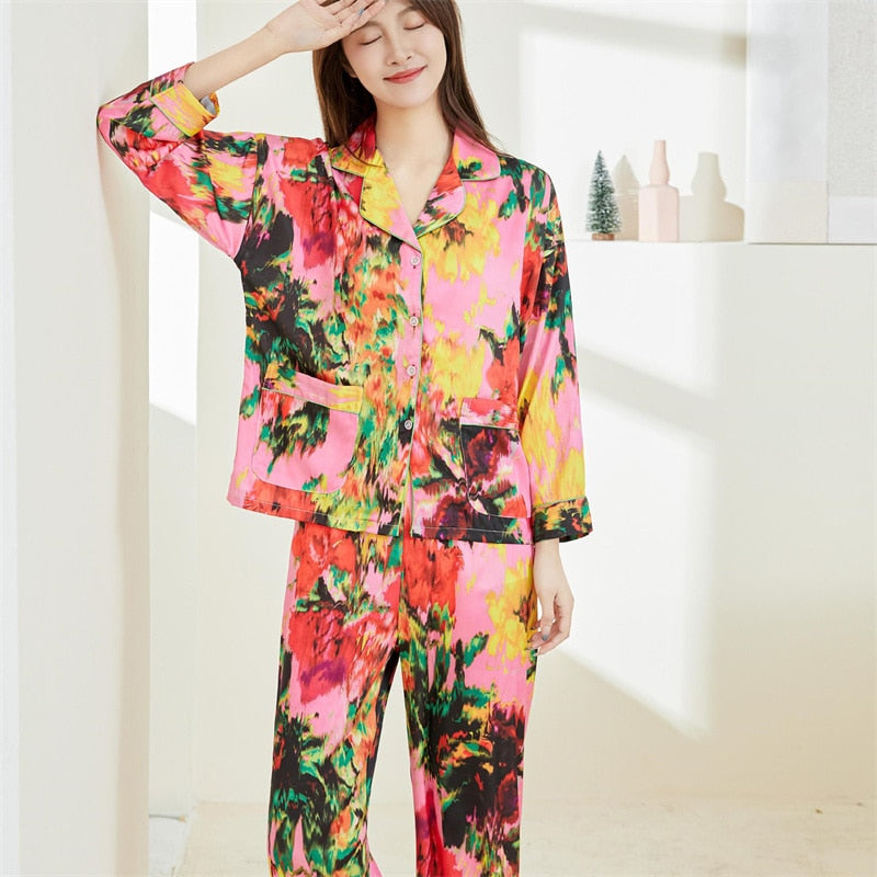 Women's Spring Autumn Silk Like Pajamas Polo Collar Long Sleeve Pants Two Piece Set Colorful Printed Fashion Home Suit