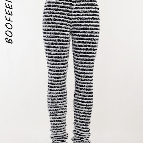 Load image into Gallery viewer, Black and White Striped Knitted Stacked Pants Women Bottoms Streetwear Extra Long High Waist Flare Pants C68-EE42
