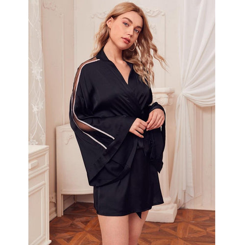 Load image into Gallery viewer, Women&#39;s Pajamas Robe Hollow Sleeve Kimino Deep V Neck Silky Nightrobe Sexy Bathrobe Elegant Sleepwear Lougewear Femme
