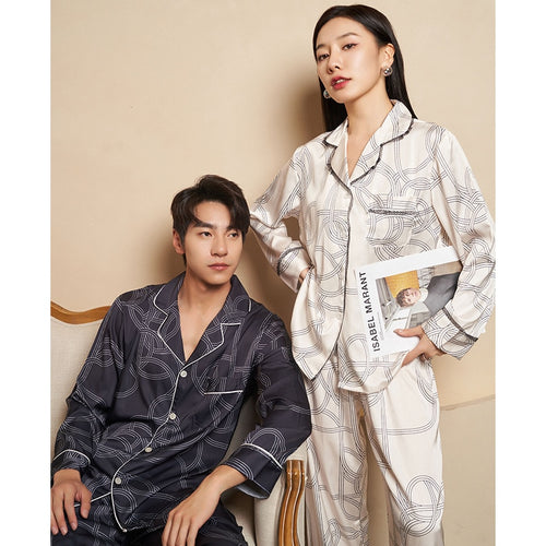 Load image into Gallery viewer, High Quality Women&#39;s Pajamas Set Silk Like Sleepwear Stripes Print Couples Homewear Men Nightwear Luxury Pyjamas Femme
