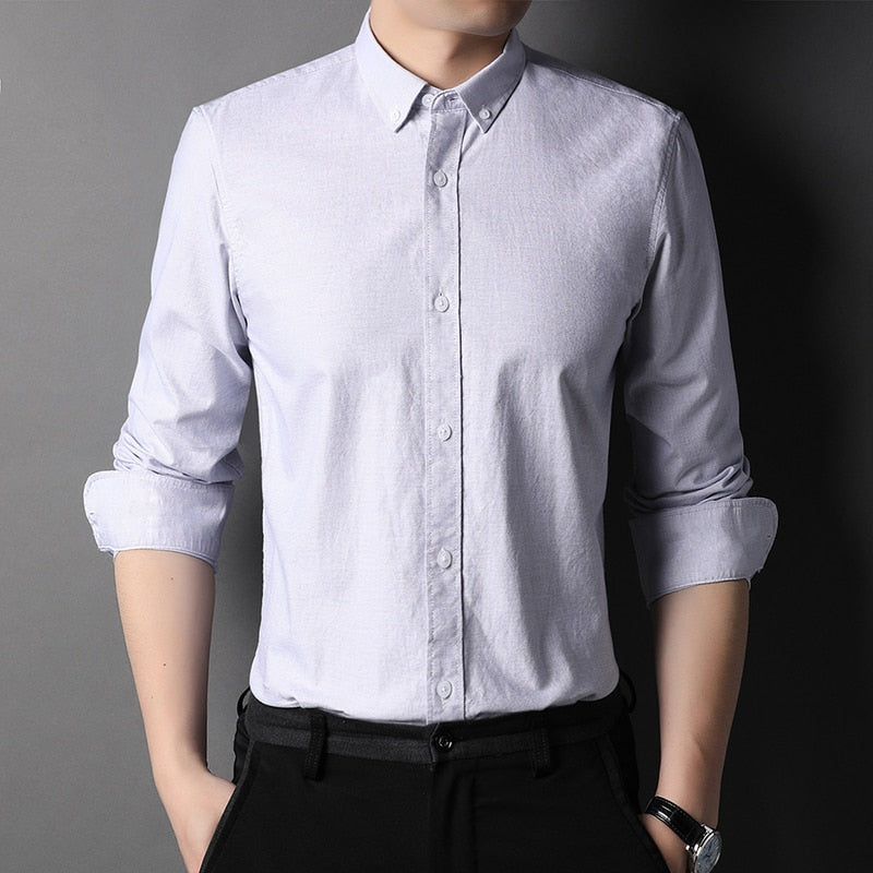 Top Grade 100% Cotton Fashion Brand Designer Slim Fit Button Down Shirts Solid Color Casual Long Sleeve Men Clothing