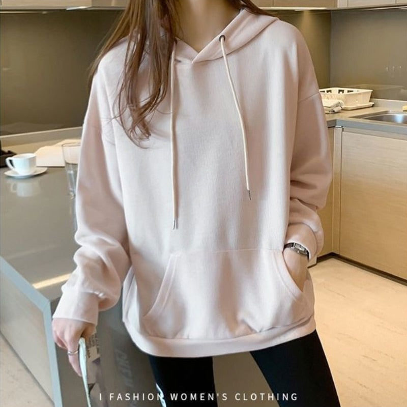 Women Sweatshirts Casual Fall Cotton Gray Hoodies Long Sleeve Loose Korean Loose Simple Hooded Coat Fashion Female Tops