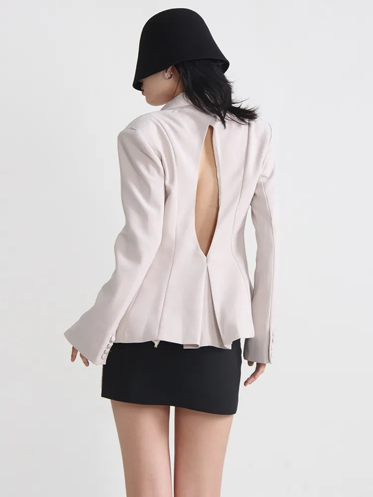 Slim Backless Blazers For Women Notched Collar Long Sleeve Patchwork Diamonds Blazer Female Fashion Clothing