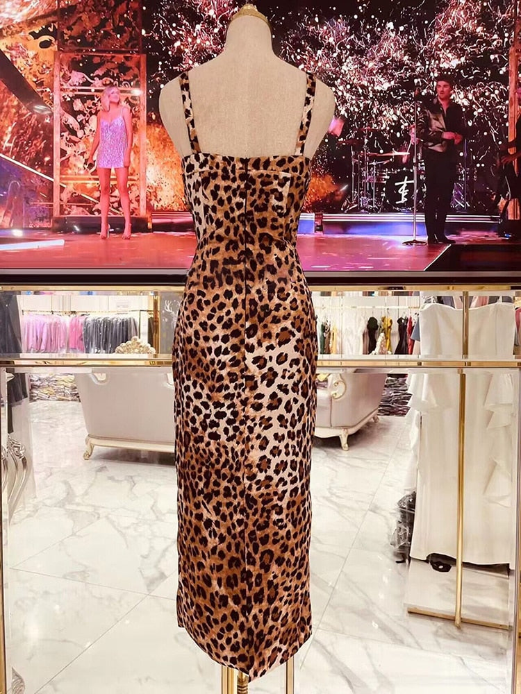 Backless Leopard Dresses For Women Square Collar Sleeveless High Waist Sexy Split Dress Female Fashion Clothing