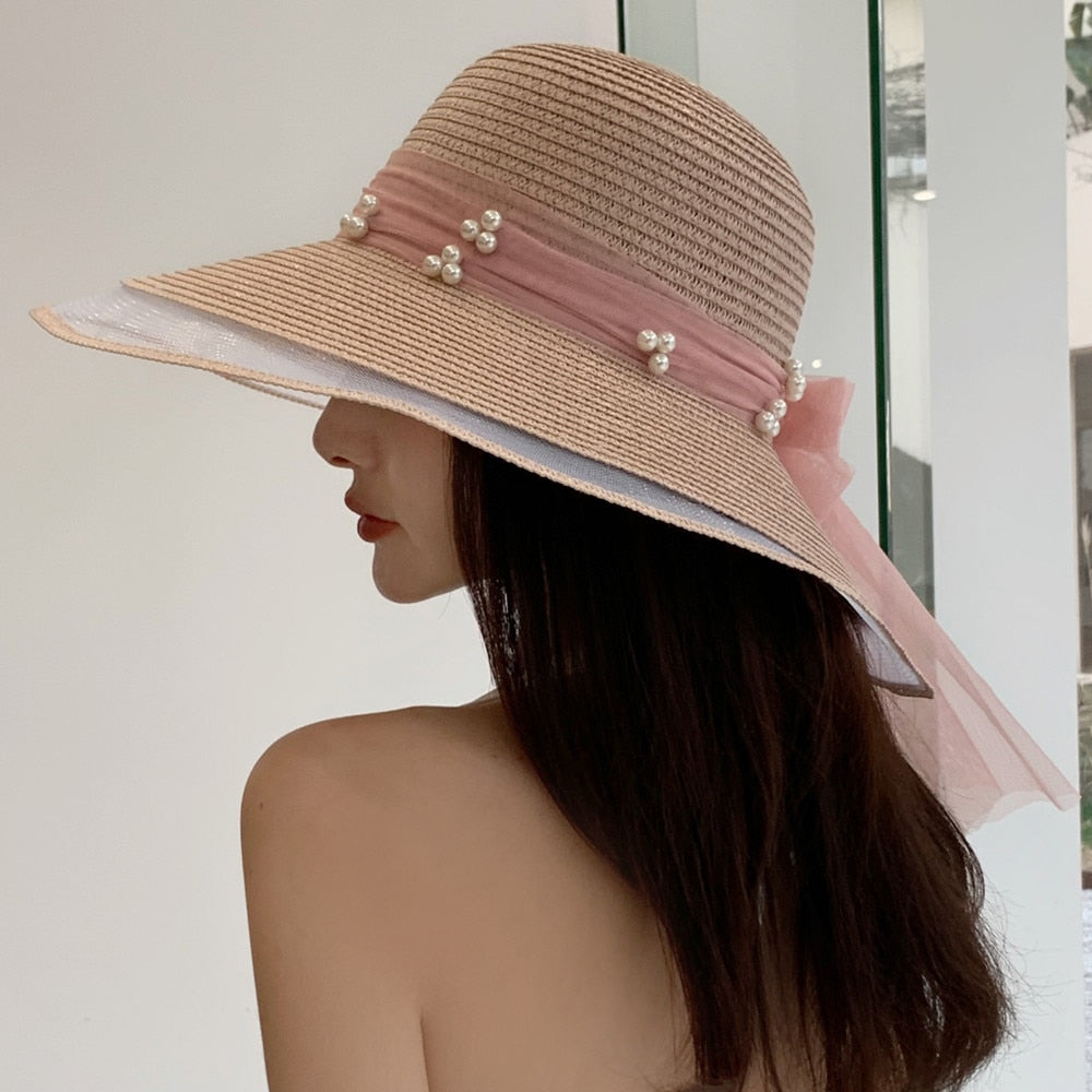 Women's Summer Hat Fashion Wave Mesh Pearl Design Straw Sun Hat Female Travel  Beach Bucket Hat