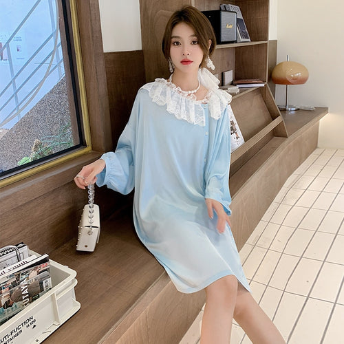 Load image into Gallery viewer, Women&#39;s Pajamas Dress Silk Like Leisure Homewear Skirt Turn-down Ruffle Collar Dress Sleepdress Wear Outside Holiday
