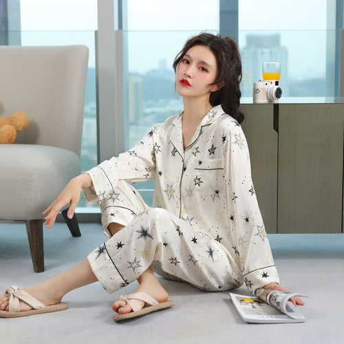 Load image into Gallery viewer, Fashion Women&#39;s Imitation Silk Pajamas Spring Autumn Thin Cardigan Long Sleeve Pants Set Star Print Loose Home Clothing
