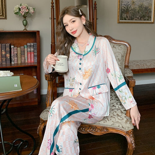 Load image into Gallery viewer, Spring Autumn Silk Like Pajamas Women&#39;s Long Sleeve Pants Fashion Cardigan Flower Print Loose Homewear Two Piece Set
