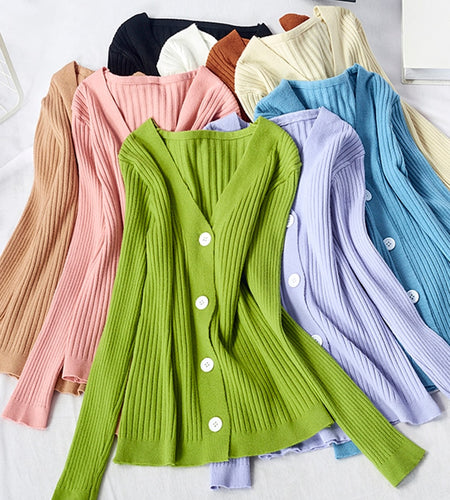 Fall Women Cardigan Sweater Casual Loose V Neck Button Up Long Sleeve Jumper Thin Jacket Korean Fashion Ladies Tops New