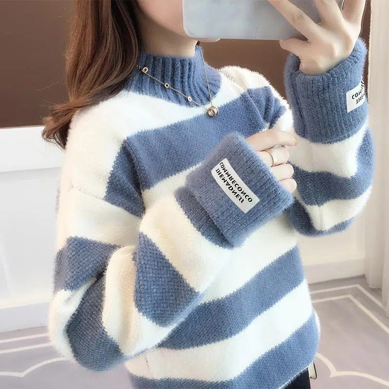 Women Half Turtleneck Sweater Autumn Fashion Striped Loose Pullover Knit Jumper Long Sleeve Letter Top Casual Warm Blouse