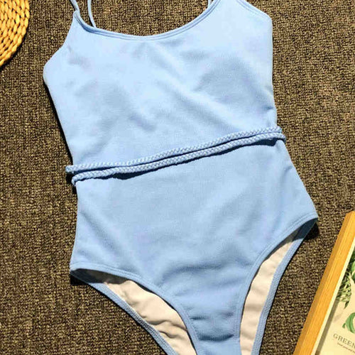 Load image into Gallery viewer, Ribbed Women Swimwear Sexy New One Piece Swimsuit Female Bather With Waist Rope Bathing Suit Swim Lady Monokini V1337
