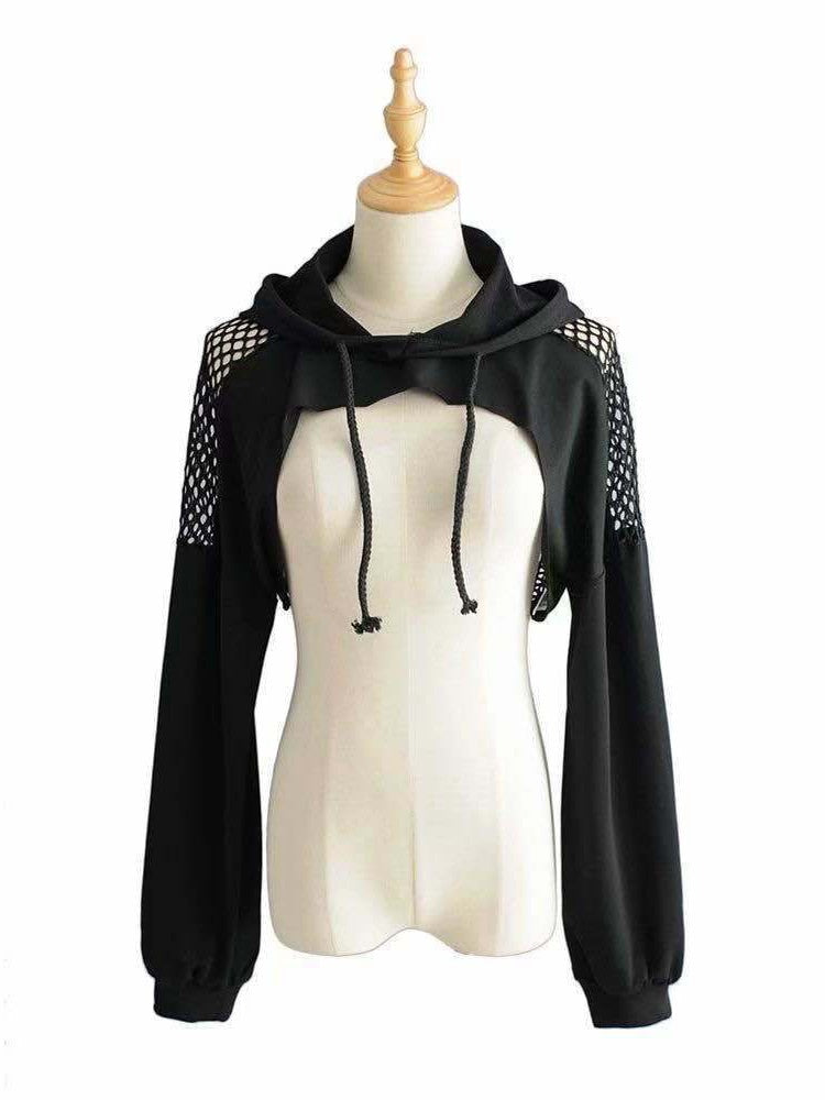 Black Hoodies Women Sexy Hollow Out Long Sleeve Crop Tops Mesh Patchwork Short Sweatshirt Hooded Streetwear Fall Tops