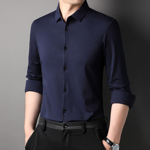 Load image into Gallery viewer, Top Grade Mulberry Silk 5.2% New Slim Fit Fashion Designer Brand Luxury Men Shirts Long Sleeve Plain Casual  Mens Clothes
