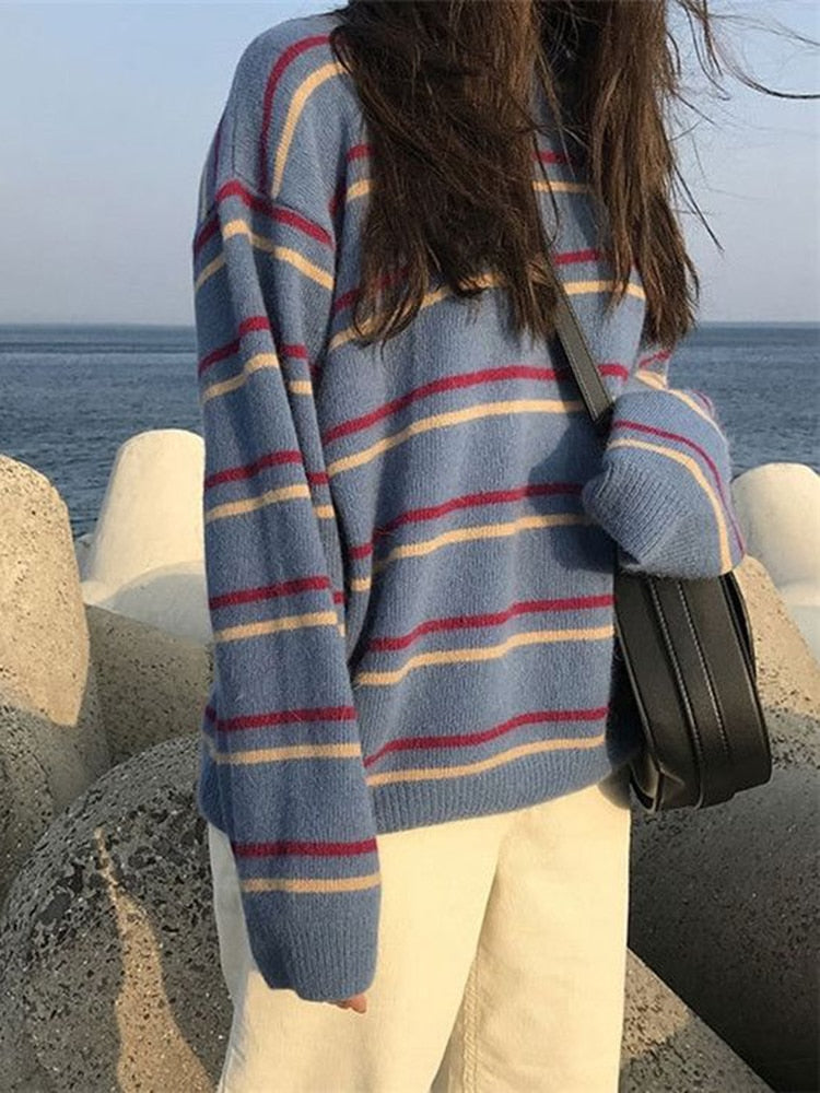 Casual Striped Women Sweater Pullover O Neck Knitted Jumper Winter Thick Student Winter Thick Tops Loose Female Sweater