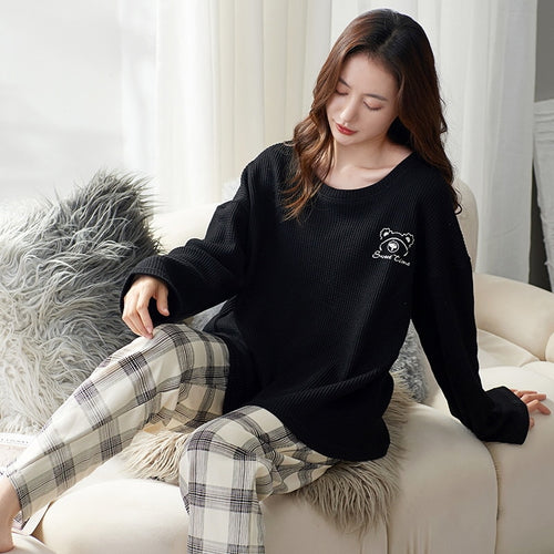 Load image into Gallery viewer, Women&#39;s Pajamas Set Cozy Waffle Knitted Leisure Sleepwear Cotton Blended Round Collar Casual Homewear Nightwear Femme
