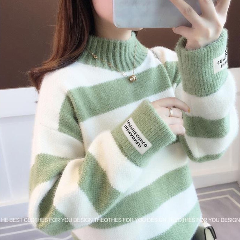 Women Half Turtleneck Sweater Autumn Fashion Striped Loose Pullover Knit Jumper Long Sleeve Letter Top Casual Warm Blouse