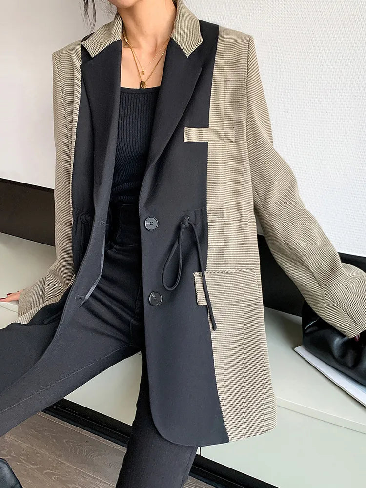 Hit Color Blazers For Women Lapel Long Sleeve Patchwork Pocket Drawstring Casual Blazers Female Spring Clothing