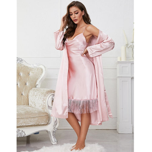 Load image into Gallery viewer, Women&#39;s Pajamas Robe Set Tassels Homewear Faux Silk Sleepwear Smooth Long Bathrobe Casual Sling Dress Nightwear Femme
