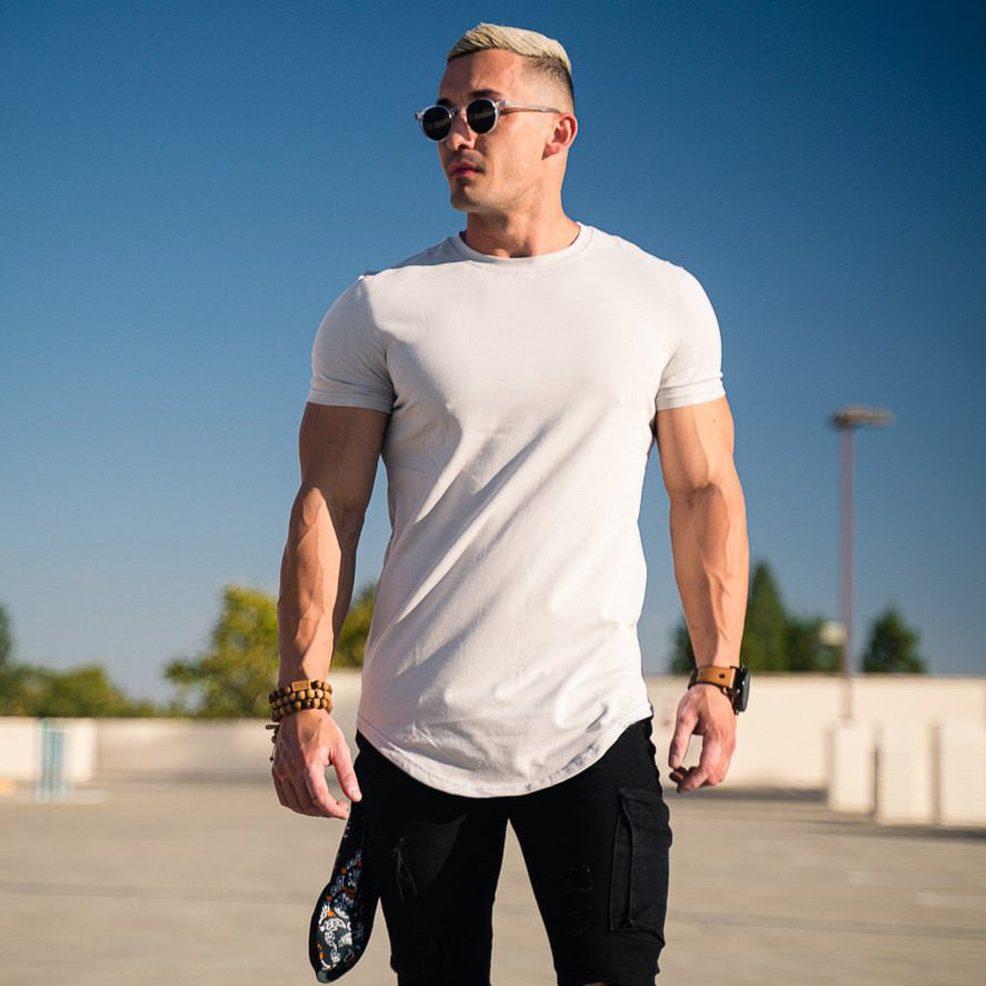 Men Cotton Slim Short Sleeve T-shirt Gym Fitness Workout Shirt Male Summer Casual Solid Tees Tops Bodybuilding Training Clothing