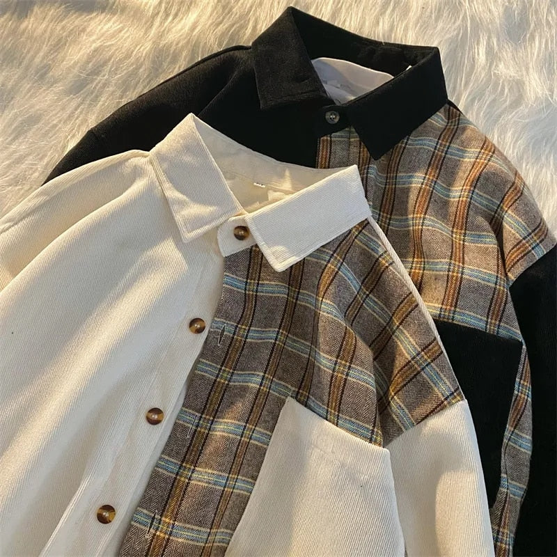 Patchwork Women Shirts Spring Korean Design Oversize Button Up Shirt Long Sleeve All Match Vintage Plaid Female Tops