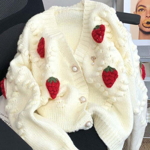 Load image into Gallery viewer, Fashion 3D Strawberry Women Cardigan Winter Elegant Pearl Button Casual V Neck Ladies Knitted Sweater Long Sleeve Coat
