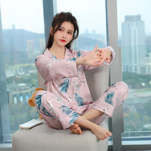 Load image into Gallery viewer, Spring Autumn Fashion Women&#39;s Imitation Silk Pajamas Long Sleeve Pants Two Piece Set Lapel Pink Print Thin Homewear
