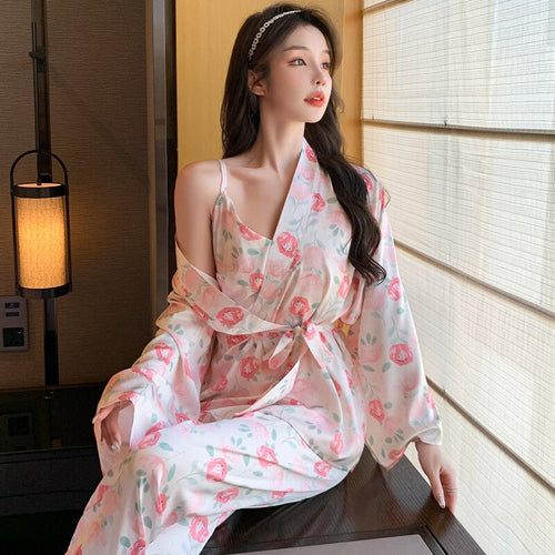 Load image into Gallery viewer, Women&#39;s Pajamas 3 Pieces Set Floral Print Kimono Robe Sling Camisole Long Pants Silk Like Sleepwear Homewear Petite
