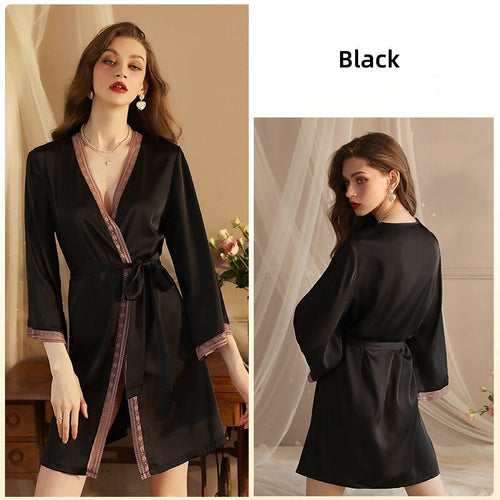 Load image into Gallery viewer, Women&#39;s Pajamas Robe Deep V Neck Silky Satin Nightrobe Sexy Lace Bathrobe Simple Elegant Sleepwear Lougewear Femme
