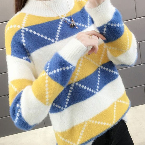 Load image into Gallery viewer, Argyle Women Pullover Sweater Winter Thick Warm Student Knitted Jumper Cute Pink Patchwork Korean Loose Ladies Coats
