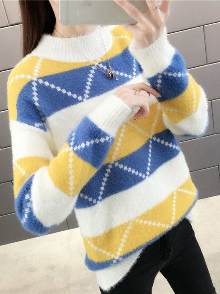 Argyle Women Pullover Sweater Winter Thick Warm Student Knitted Jumper Cute Pink Patchwork Korean Loose Ladies Coats