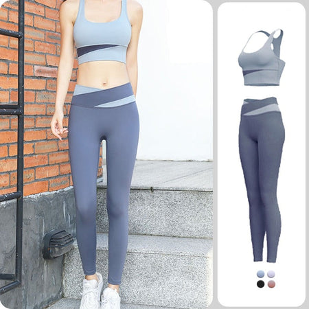 Two Piece Sexy Yoga Set Splicing Seamless Sleeveless Bra Fitness High Waist Sport Pants Gym Workout Outfit Clothes for Women