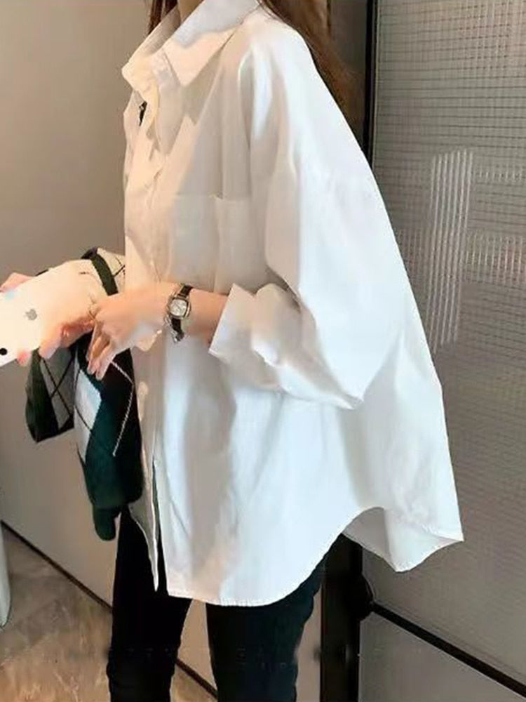White Women Fall Shirts Temperament OL Long Sleeve Button Up Loose Shirts All Match Korean Fashion Turn Down Collar Tops