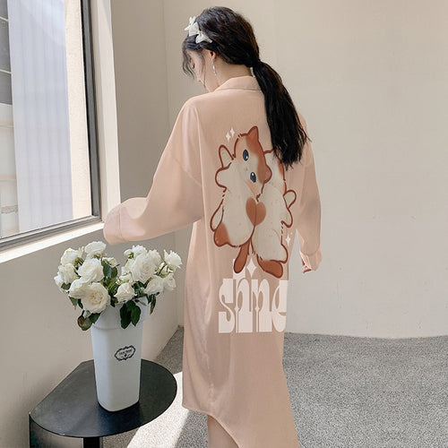 Load image into Gallery viewer, Women&#39;s Summer Pajamas Medium Length Skirt Nightwear Sweet Girl Cartoon Cardigan Homewear Lapel Loose Cool Sleepwear
