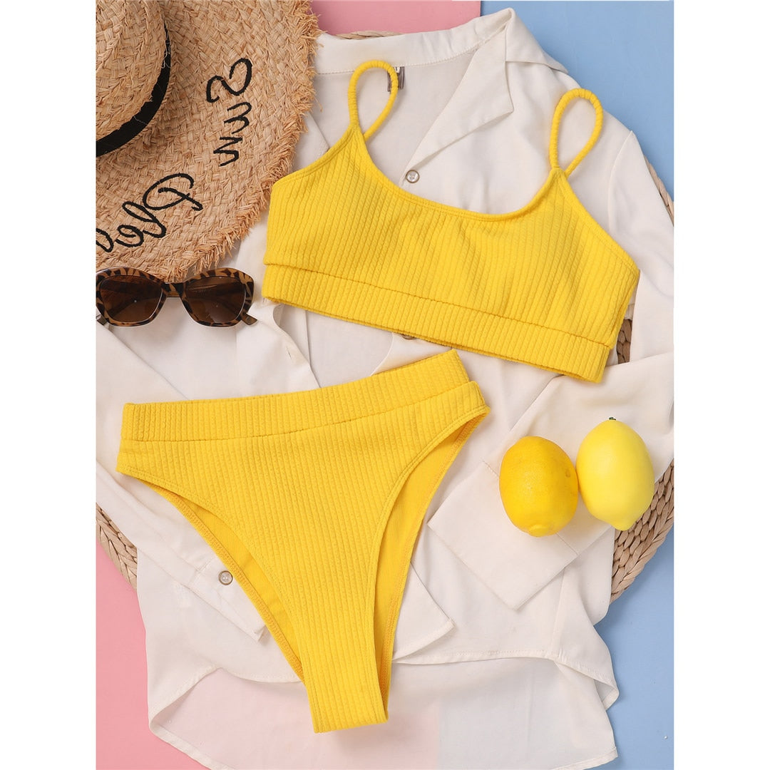 Colors Ribbed Female Swimsuit High Waist Bikini Women Swimwear Two-pieces Bikini set Bather Bathing Suit Swim V3316