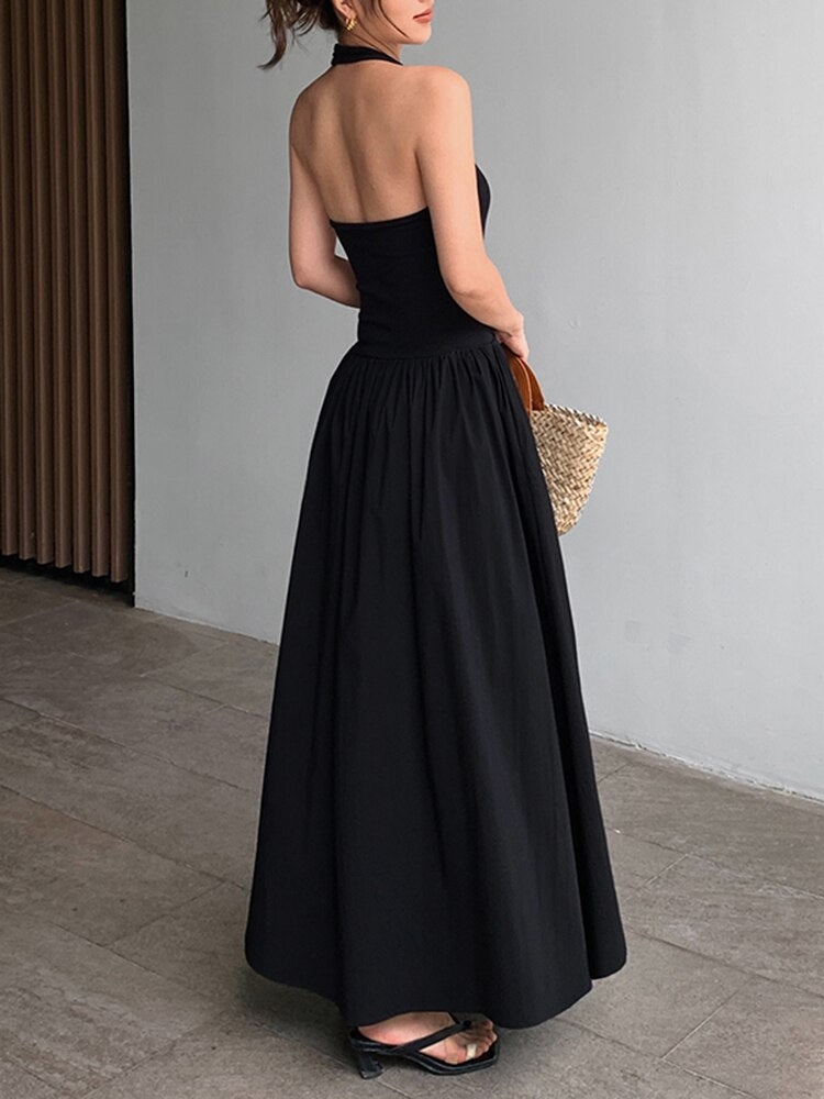 Minimalist Dresses Fpr Women Halter Sleeveless High Waist Backless Solid Elegant Dress Female Fashion Clothing