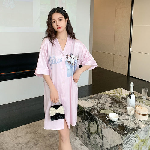 Load image into Gallery viewer, Women&#39;s Summer Lapel Leisure Pajamas Large Size Medium Long Skirt Nightgown Sweet Girls Cartoon Cardigan Home Clothes
