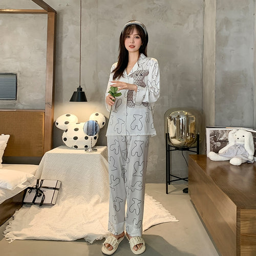 Load image into Gallery viewer, Satin Chiffon Women&#39;s Pajamas Spring Autumn Thin Long Sleeve Pants Two Piece Set Fashion Loose Casual Home Clothing
