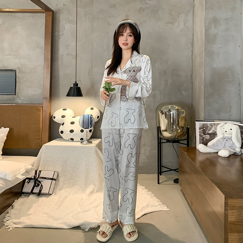 Satin Chiffon Women's Pajamas Spring Autumn Thin Long Sleeve Pants Two Piece Set Fashion Loose Casual Home Clothing