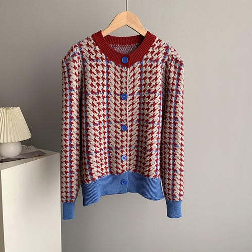 Load image into Gallery viewer, Houndstooth Women Cardigan Sweater Fashion Plaid Loose Korean Single Breasted Patchwork Office Ladies Knitted Coat
