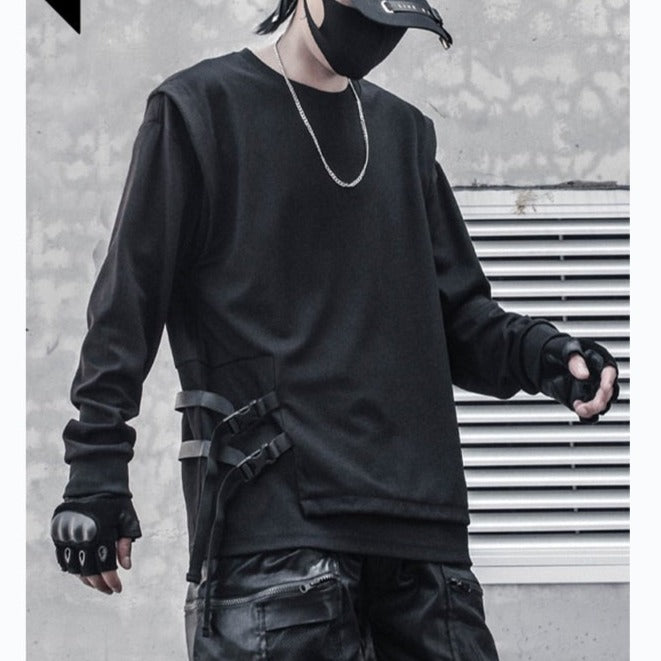 Hip Hop Sweatshirt Men Ribbon Patchwork Fake Two Pieces Sweat Shirt Fashion Harajuku Pullover Black Streetwear Men Clothes