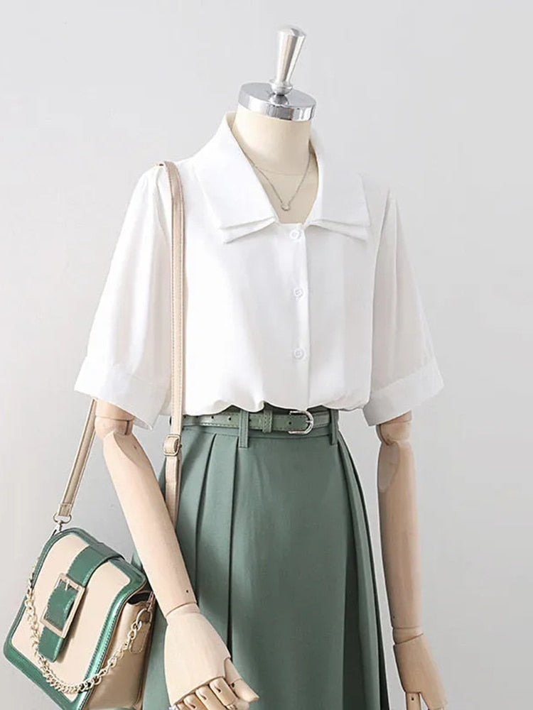 Design Double Turn Down Collar Women White Shirts Short Sleeve Summer Button Up OL Shirts Korean Casual Chiffon Female Tops